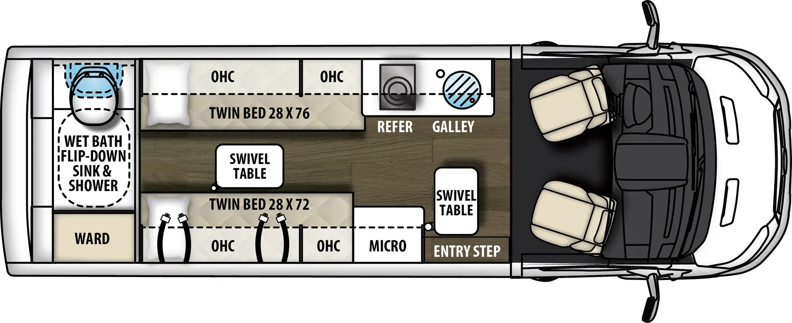 The Beyond 22RB  has 0 slideouts and 1 entry door and rear doors. Interior layout from front to back; removable table; off-door Galley kitchen with LP cooktop, refrigerator and single sink with overhead cabinets; door side near entry steps microwave with overhead cabinets; door side 28 inch by 76 inch twin bed with two seat belts and overhead cabinets; off-door side 28 inch by 76 inch twin bed with overhead cabinets and lagun table; rear wet bath with flip down sink, shower and wardrobe.
